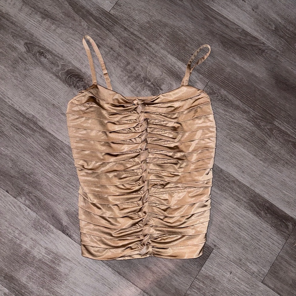 Ruched gold Tank Top with Spaghetti Straps